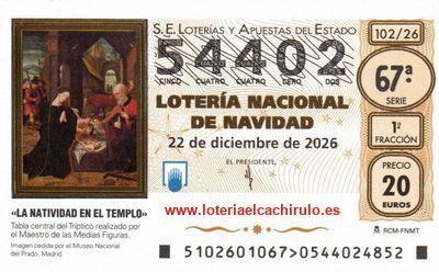 Anverso del d&eacute;cimo 54402 de la Loter&iacute;a de Navidad 2026, de Salamanca